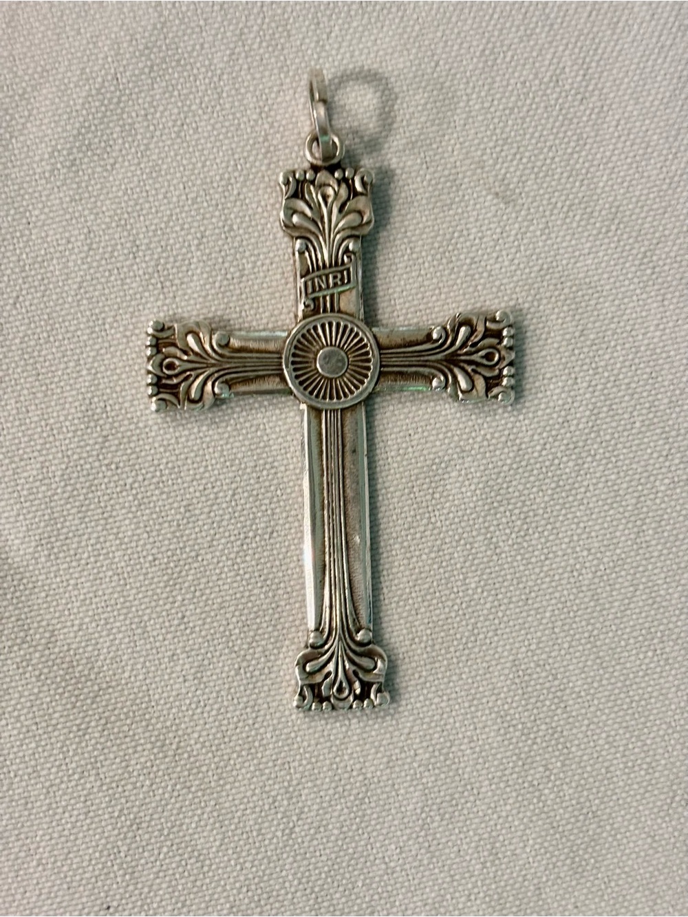 Antique Ornate Sterling Silver Cross Pendant with INRI Detail